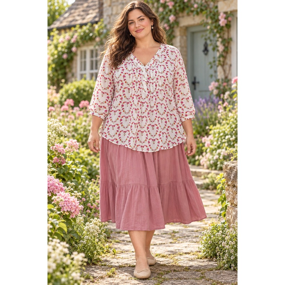 Rose + Olive Floral Heart Blouse Womens 2X White Pink 3/4 Sleeve V-Neck Tunic